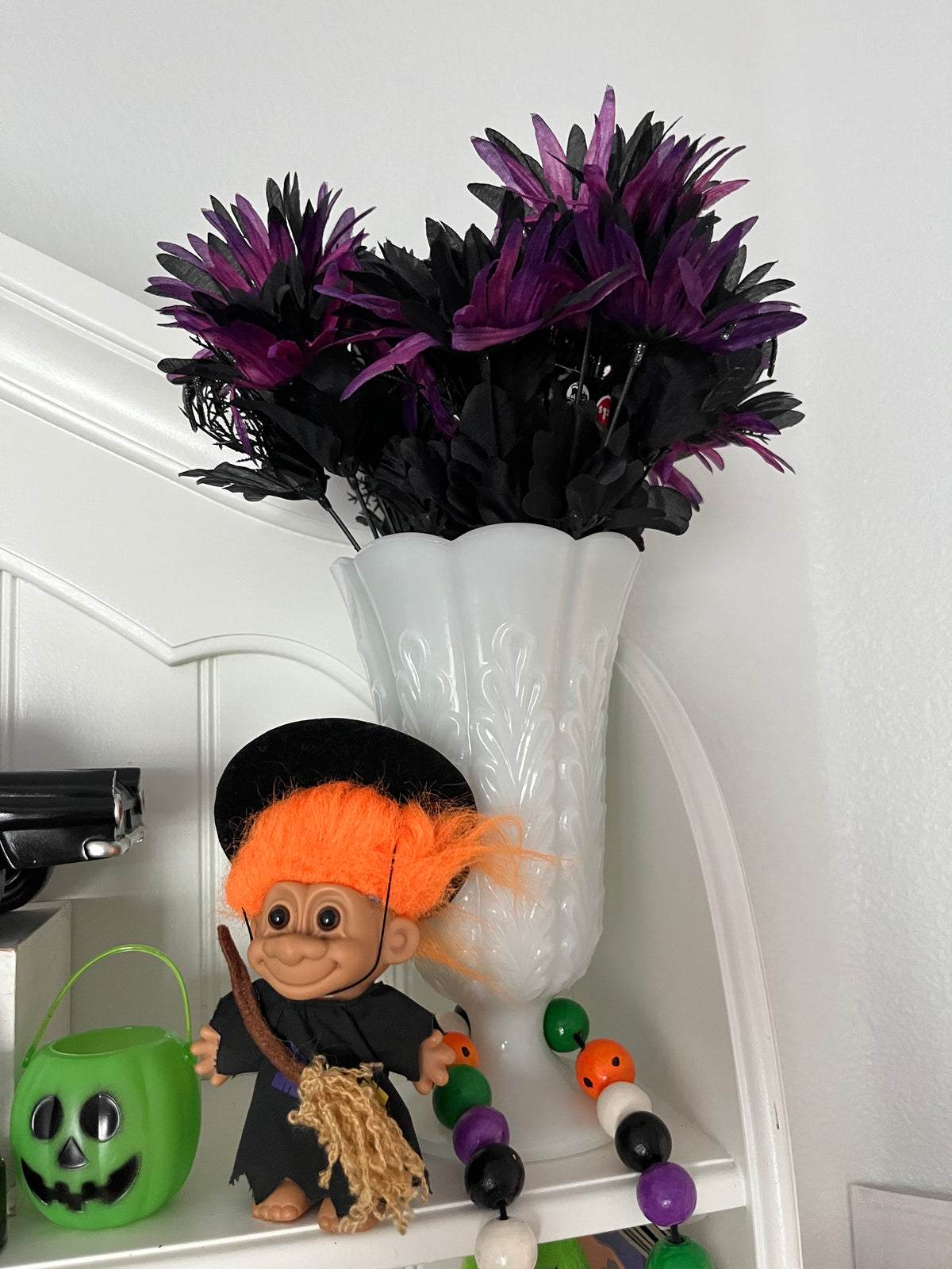 Vintage c1990s Russ Berrie Halloween Witch Troll Doll #25503 | Orange Hair Broom | 6”
