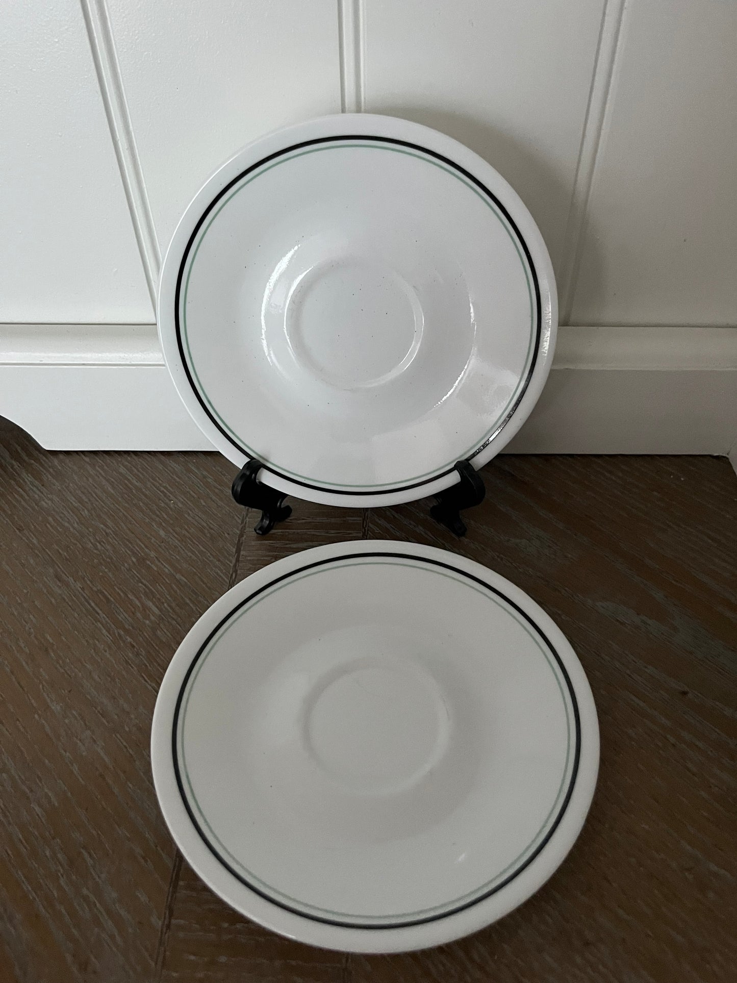 Set of 2 Corelle “Zenith” Pattern Saucers – White with Black & Green Rings, c. 1970s
