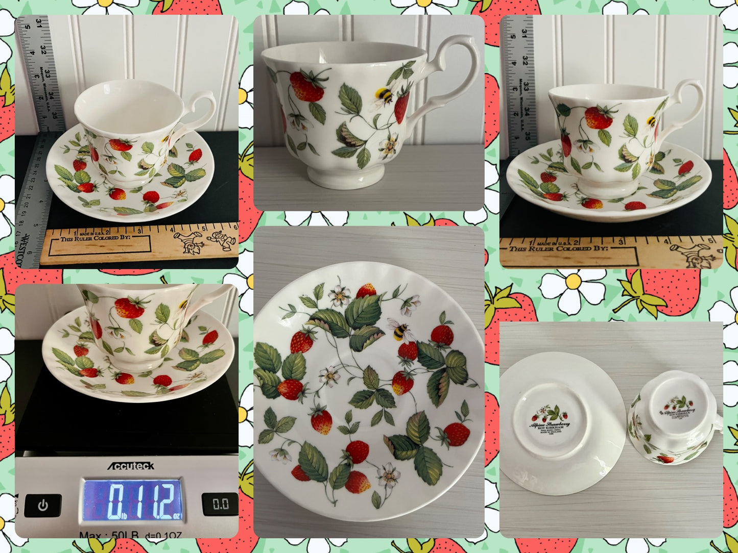Circa 2000 English Bone China Alpine Strawberry Footed Teacup & Saucer by Roy Kirkham
