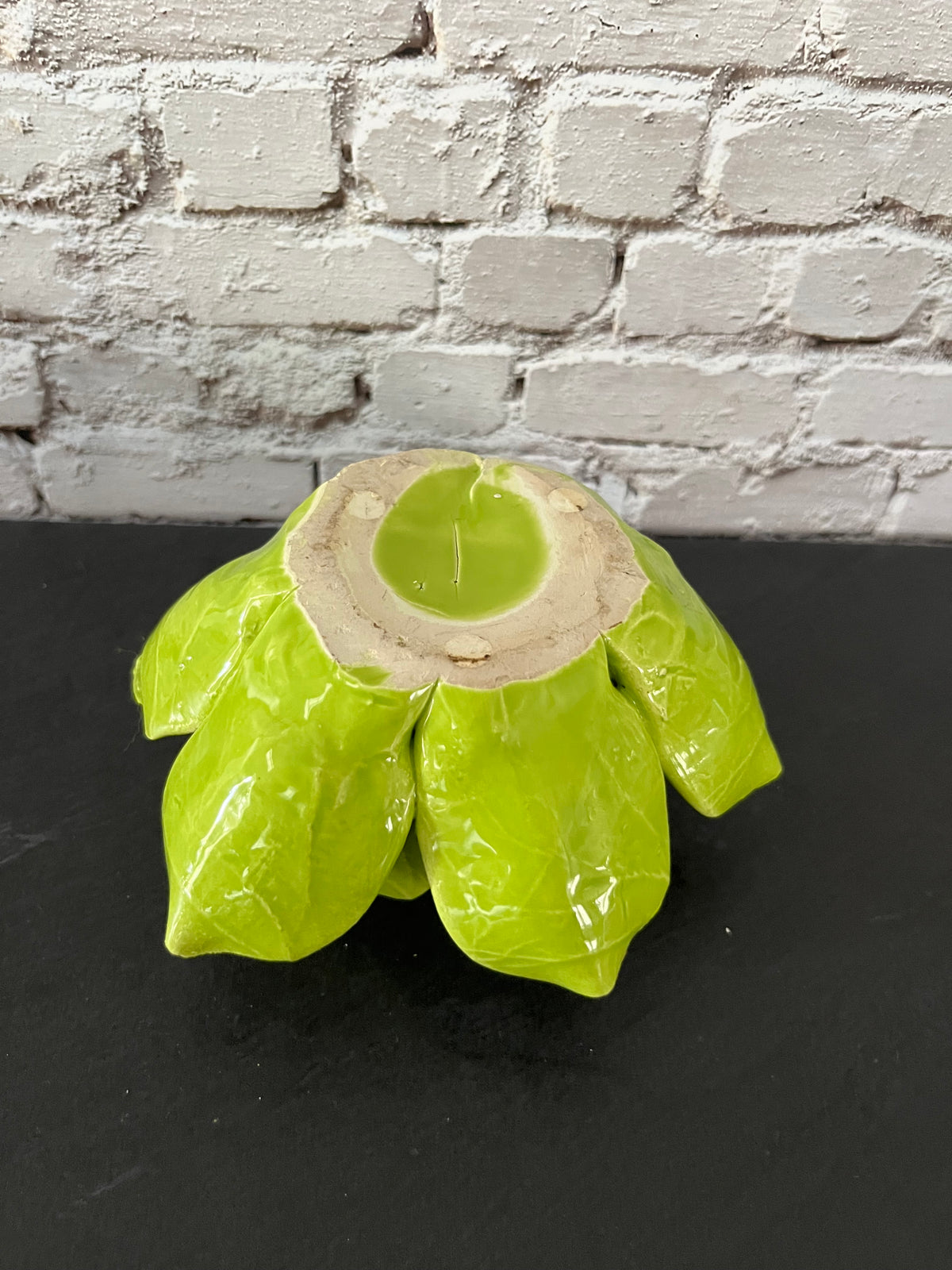 Vintage Style Chartreuse Lime Green Ceramic Lotus Flower Tealight Holder | Sculptural Botanical