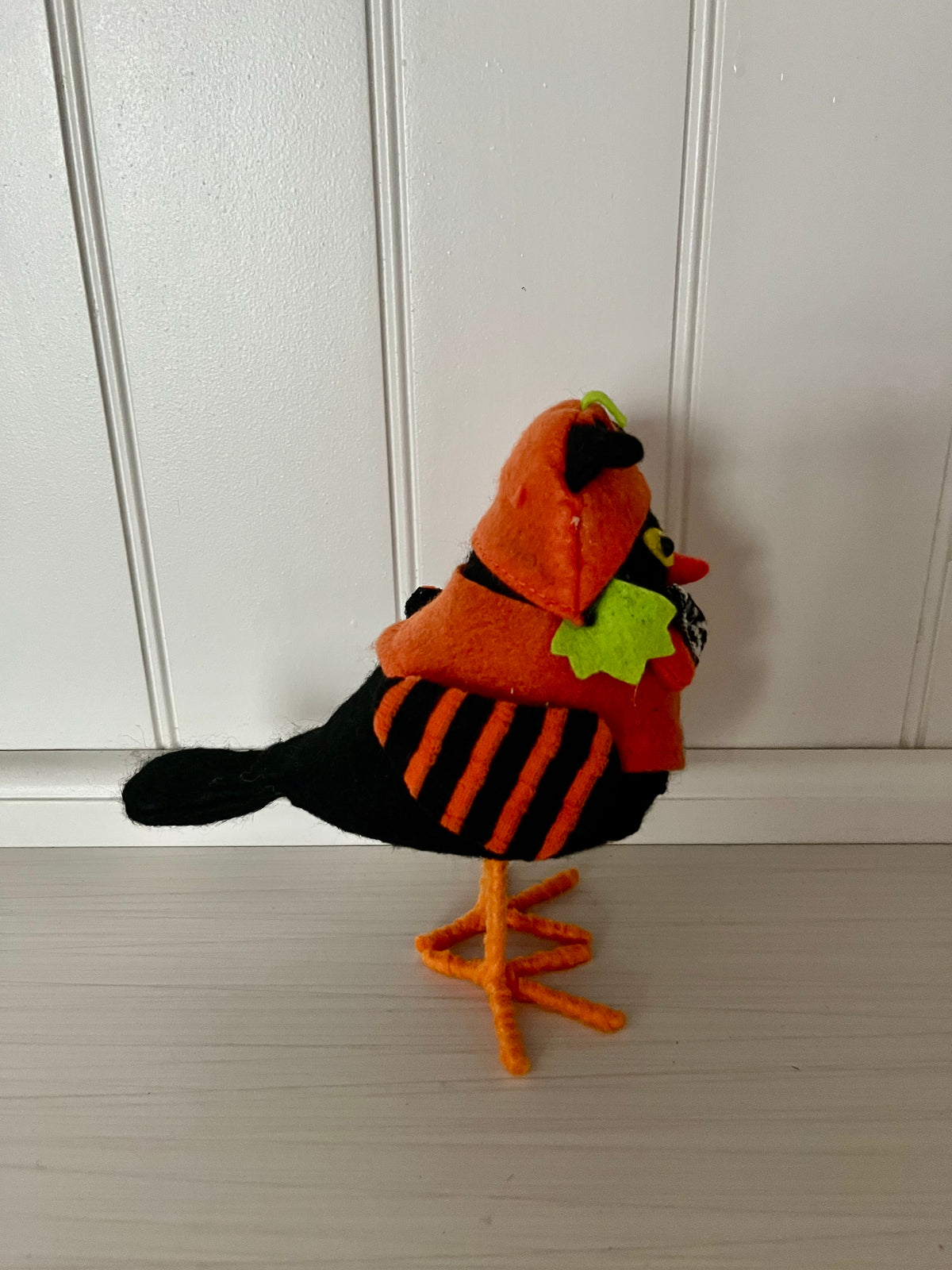 Retro Halloween Black Cat Bird Figurine in Pumpkin Costume | Felt Shelf Décor | 6”