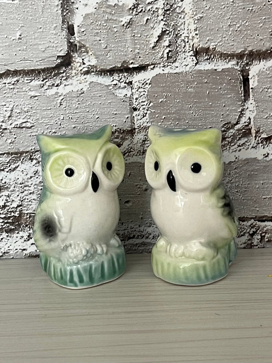 Retro Early-2000s Blue-Green Ceramic Owl Salt & Pepper Shaker Set — Mini Pair