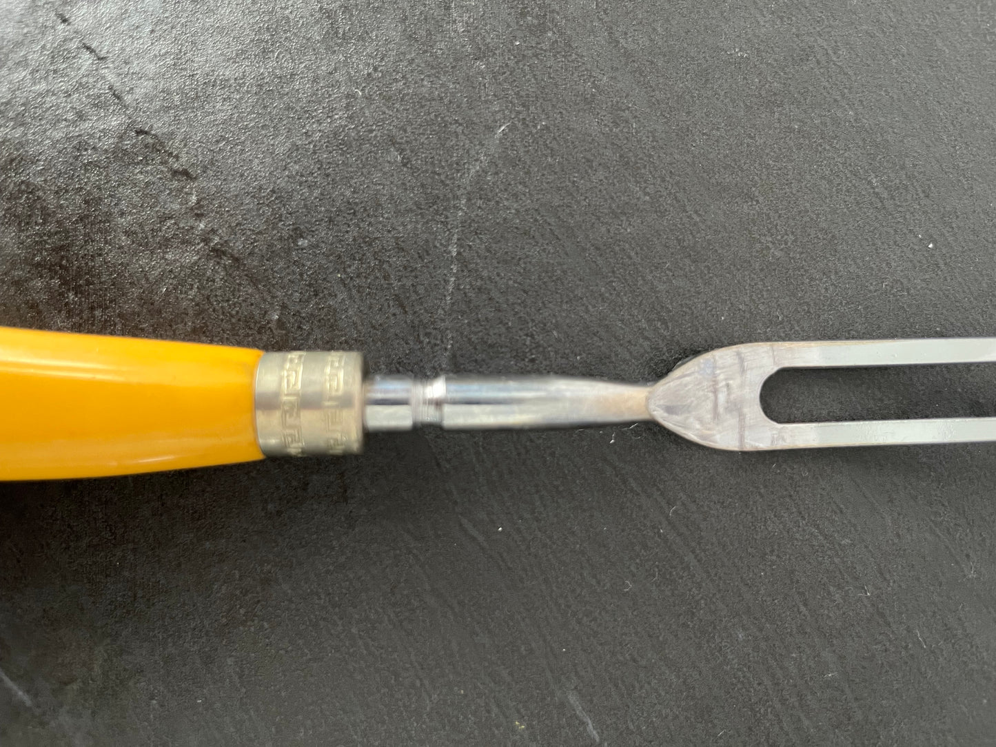 Vintage Mid-Century Yellow Handle Carving Fork with Greek Key Accent | Retro Atomic Kitchen Serving Utensil