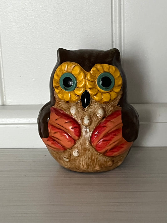 Vintage 1970s Hand-Painted Owl Figurine – Rustic Folk Art Ceramic – 3.75” Autumn Home Decor