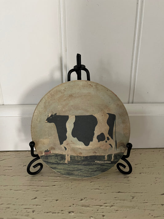 1980s Vintage Warren Kimble Coasterstone with Cork Backing – Black & White Cow Farmhouse Folk Art