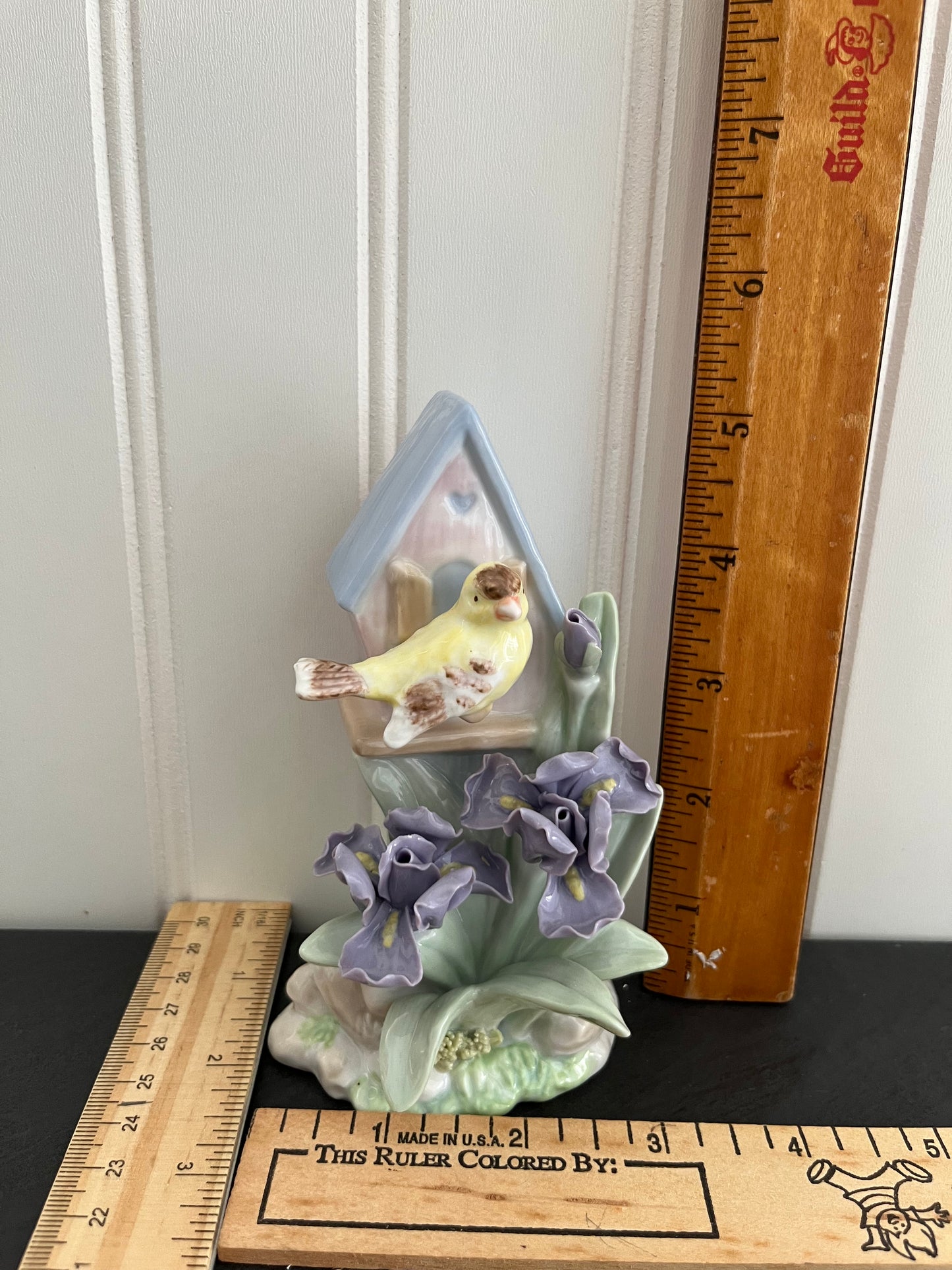 Vintage c.1990s Porcelain  Birdhouse & Iris Figurine | Cottagecore Spring Garden Decor