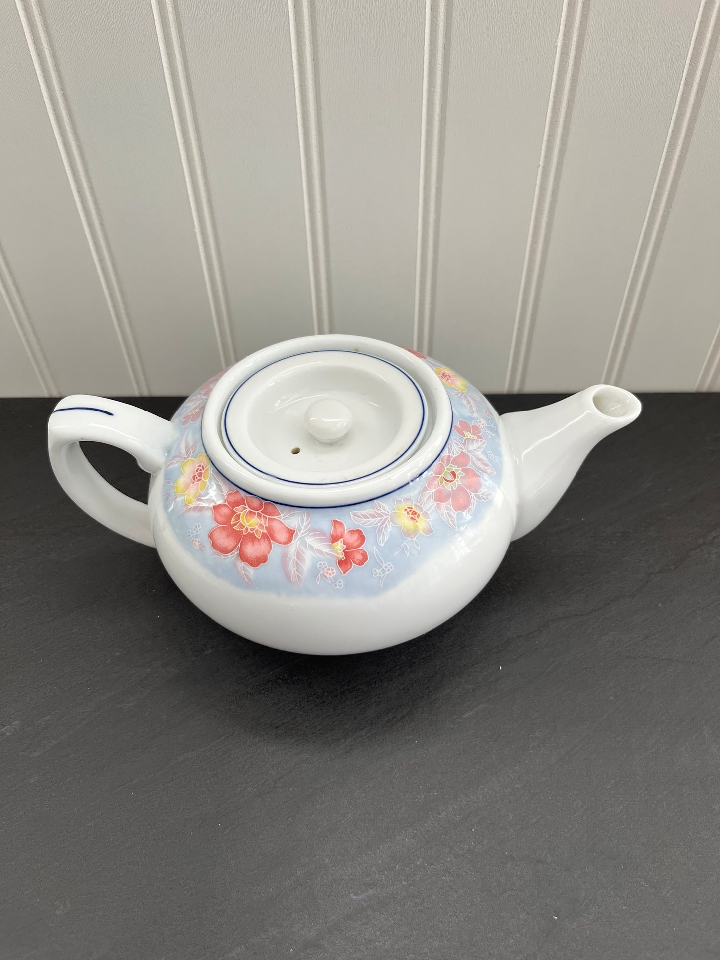 Vintage  LHONG TAO Pink, Yellow, Blue Floral Print Porcelain Tea Pot with Flat Lid