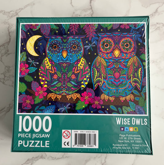 “Wise Owls” 1000 Piece Jigsaw Puzzle — Factory Sealed Retro Folk Art Style Owl & Floral Design — 2021 Contemporary Collectible