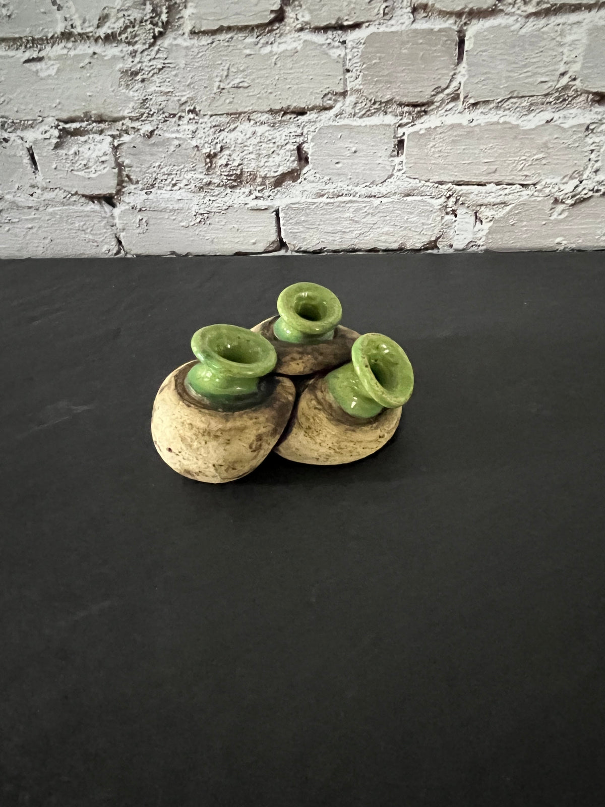 C1970s Signed Studio Pottery Triple Spout Flower Frog Bud Vase – Green Glaze Handmade Ceramic
