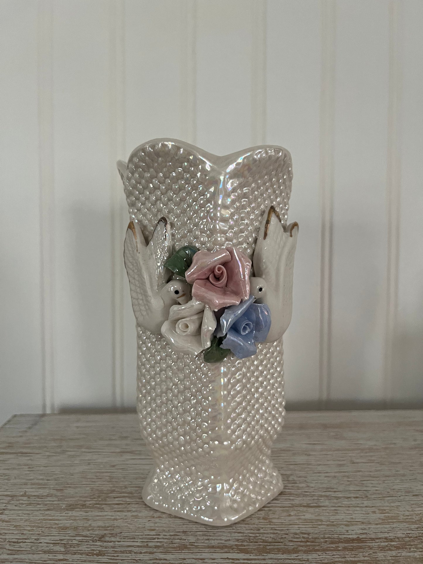Vintage Applied Doves & Flowers Iridescent Porcelain Vase