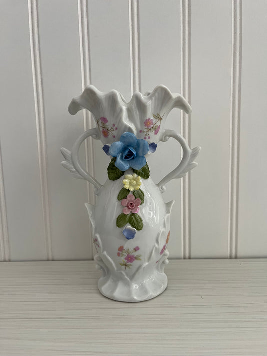 Vintage Victorian Style Fancy Double Handled White Porcelain Vase with 3D Hand-Painted Capodimonte Style Flowers -