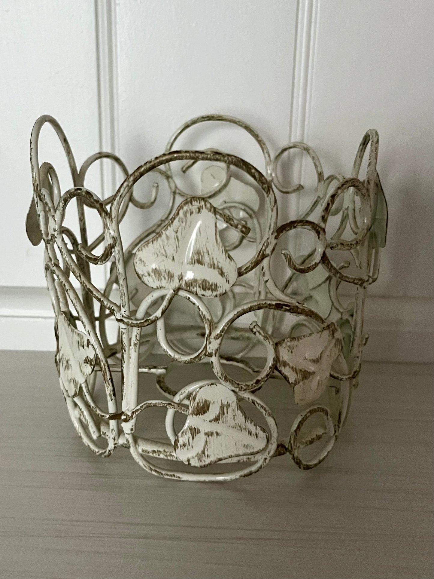 Vintage Shabby Chic Scrollwork Metal Basket Planter – Distressed White Ivy Vine Motif (c. 1990s-2000s)