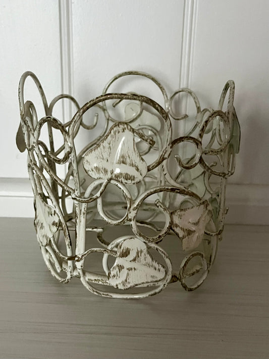 Vintage Shabby Chic Scrollwork Metal Basket Planter – Distressed White Ivy Vine Motif (c. 1990s-2000s)