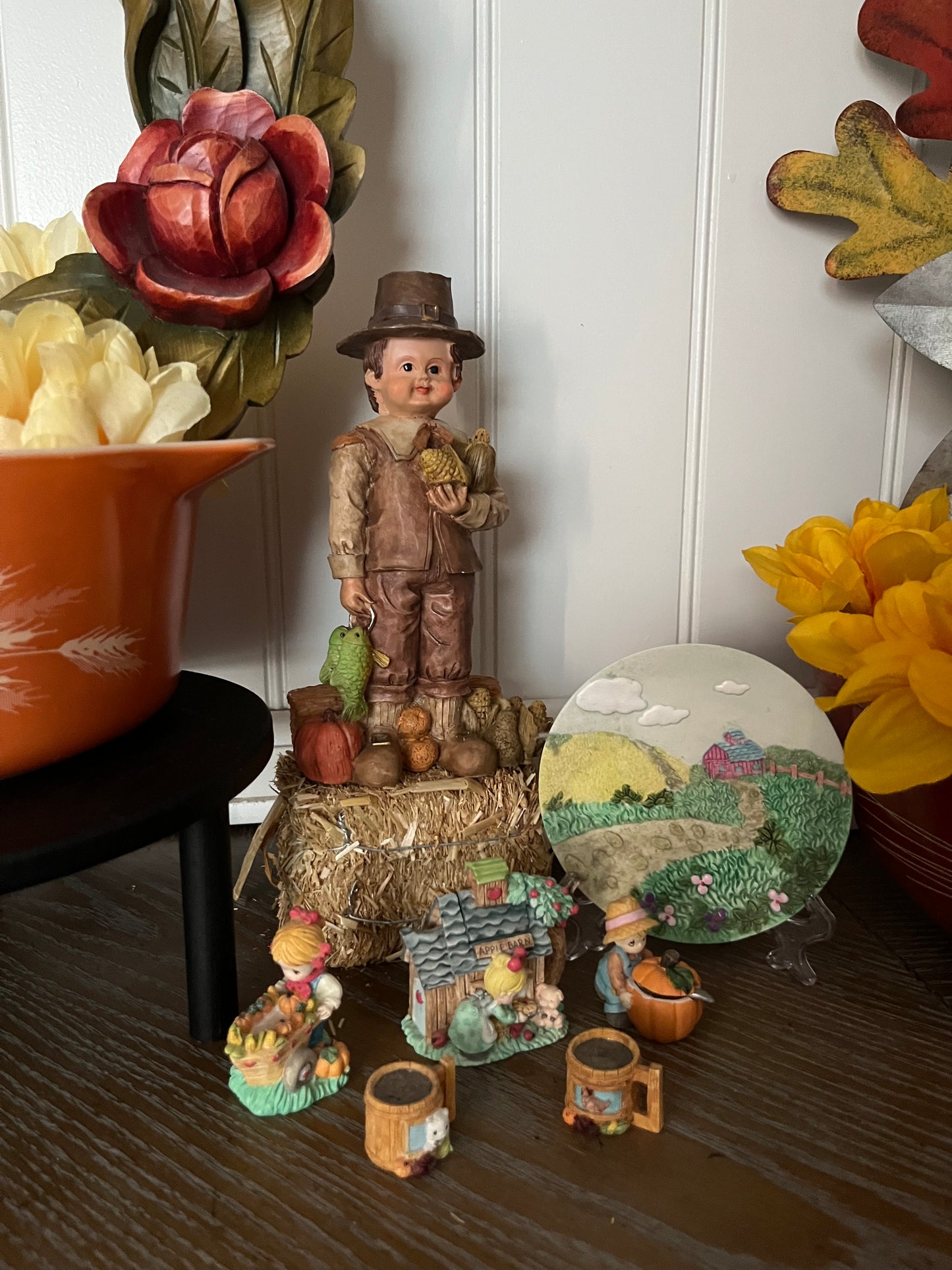 Vintage Fall Harvest Pilgrim Boy Figurine with Pumpkin, Fish & Wheat Sheaves – 1990s Thanksgiving Collectible (6½”)