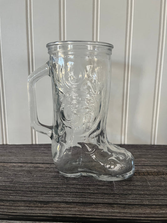 Vintage 70s Libbey Jim Beam Bottle Club Clear Thick Glass Embossed Western Cowboy Boot Mug Vase with Handle