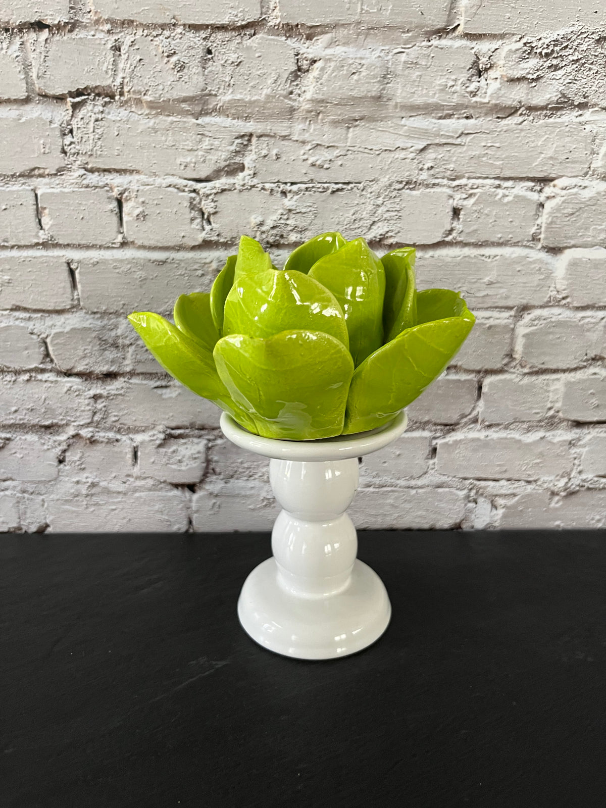 Vintage Style Chartreuse Lime Green Ceramic Lotus Flower Tealight Holder | Sculptural Botanical