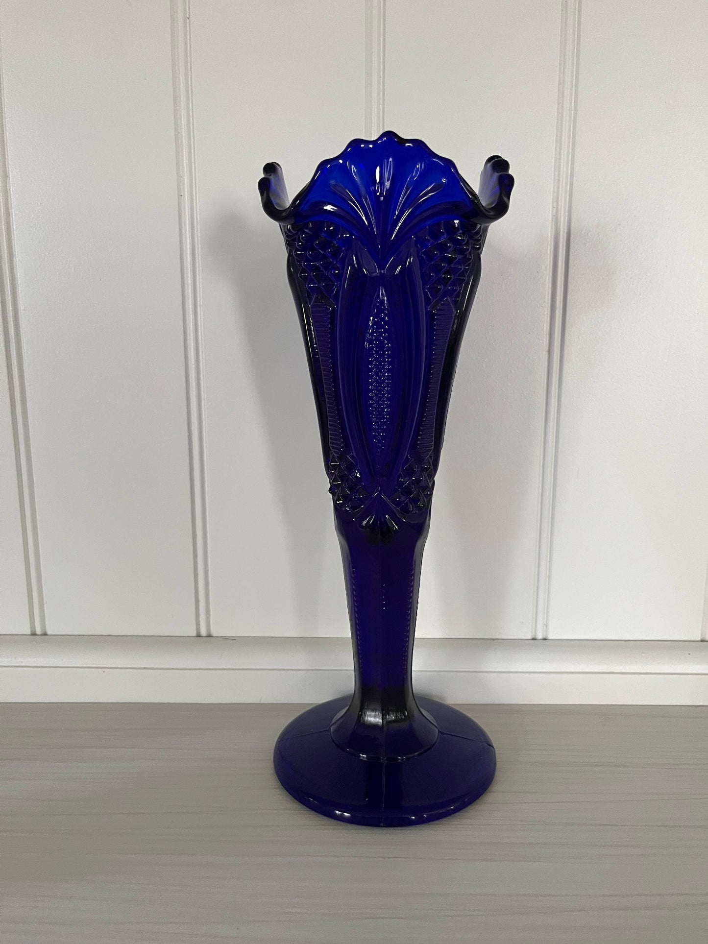 Vintage Cobalt Pressed Glass “Princess Feather” Pedestal Vase — L.E. Smith for Tiara Exclusives, c. 1970s–1980s