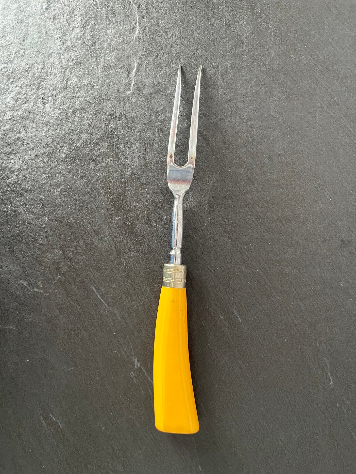 Vintage Mid-Century Yellow Handle Carving Fork with Greek Key Accent | Retro Atomic Kitchen Serving Utensil