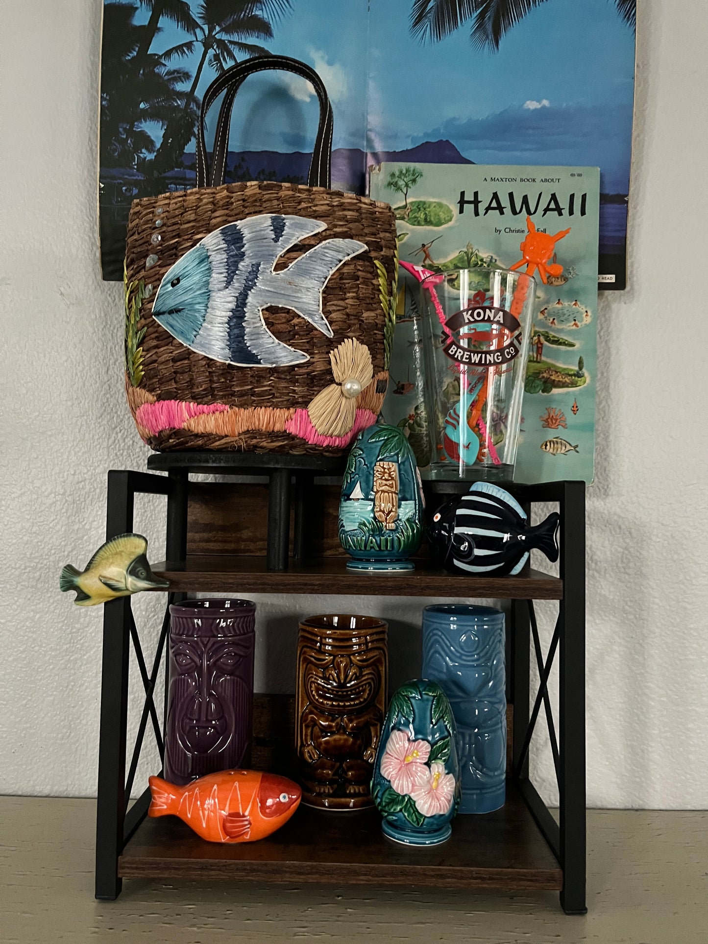 Vintage Woven Straw Purse Tote - Tropical Fish Design by Preston & York - Aloha Tiki Islands Fusion Theme