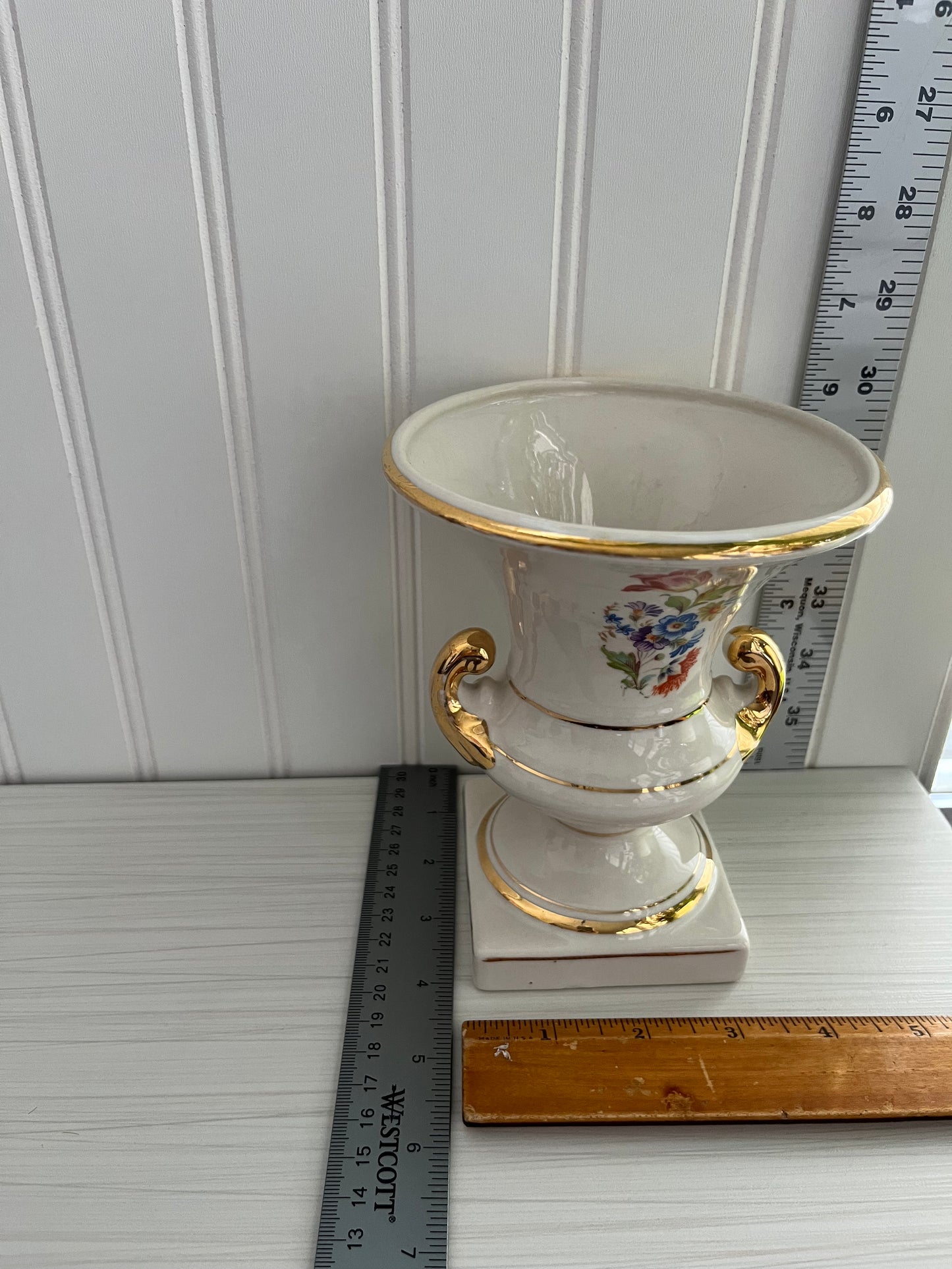 Vintage European Trophy Vase – Campana Floral Design with Gold Trim – Porcelain Urn Style with Footed Pedestal