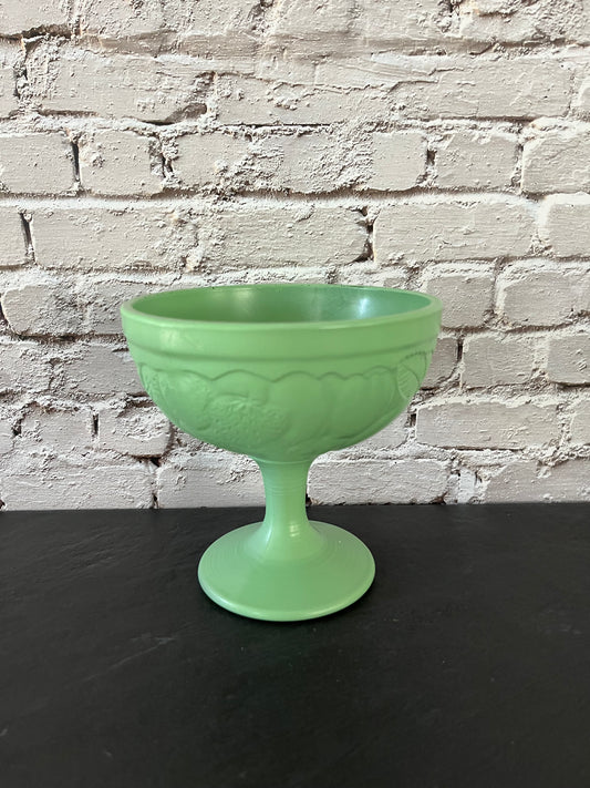 Vintage Painted Celadon Green Glass Cristal D’Arques–Durand Footed Compote | Embossed Fruit & Leaf Pedestal Bowl