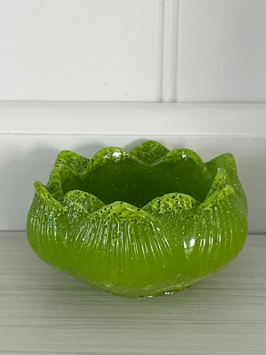 Vintage c pre 1980’s Small Lime Green Art Glass Bowl | Scalloped Petal Catchall Dish | Retro Cottagecore Trinket Bowl