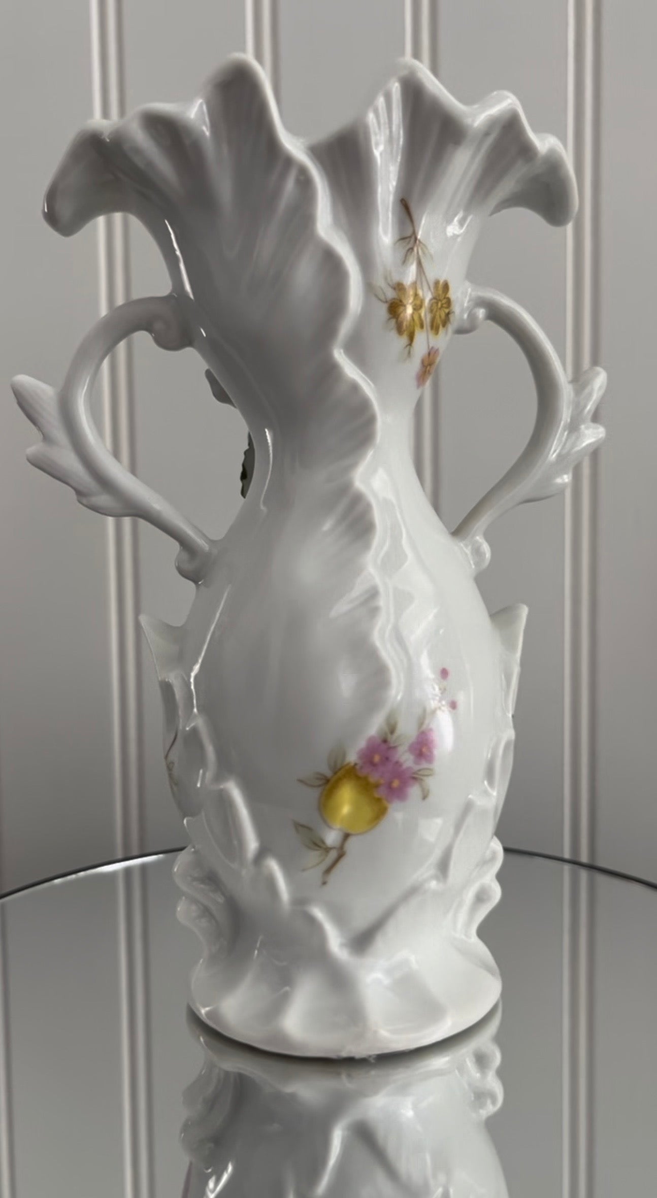 Vintage Victorian Style Fancy Double Handled White Porcelain Vase with 3D Hand-Painted Capodimonte Style Flowers -
