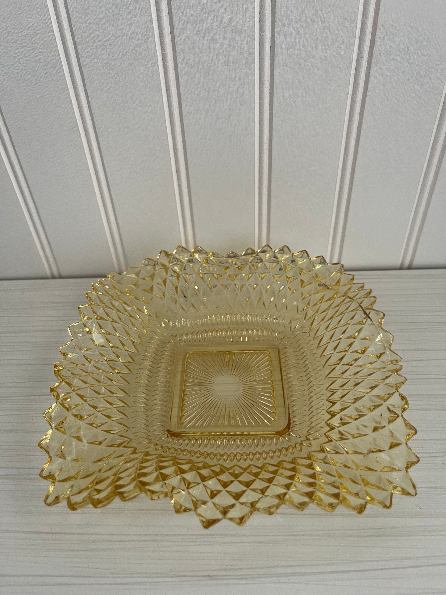 Vintage Mid  Century 1950s Federal Glass Diamond Point Ruffled Edge Yellow Square Candy Dish