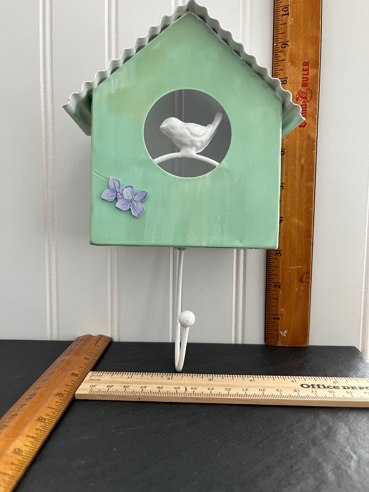Green Metal Wall Hook Birdhouse With White Bird