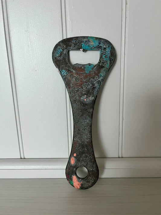 Vintage Cast-Iron “Down the Hatch / Cheers / Prost” Wall-Mount Bottle Opener – Rustic Turquoise Patina (1960s)