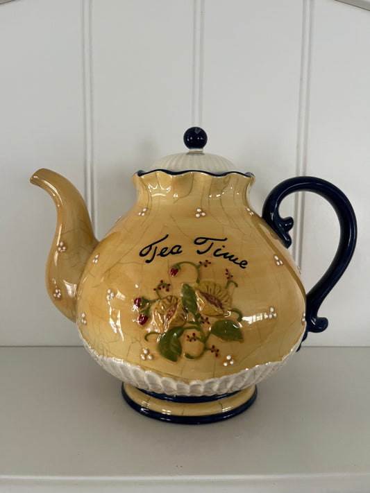 Vintage c.  1990s Cottagecore “Tea Time” Ceramic Teapot | Yellow Crackle Crazed Glaze Floral Kitchen Decor