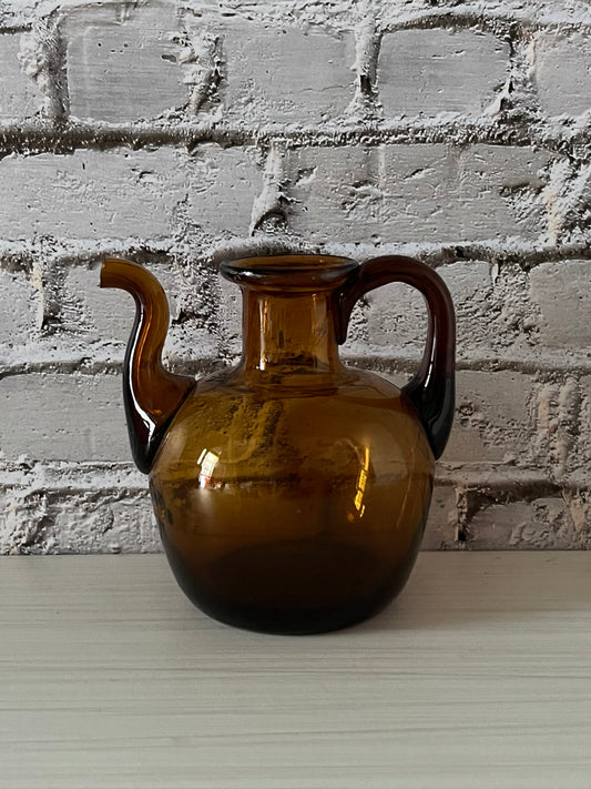 Retro Mid-Century Hand-Blown Amber Art Glass Mini Pitcher – Curled Spout & Pulled Handle Jug (3” x 3”, 4.2 oz)