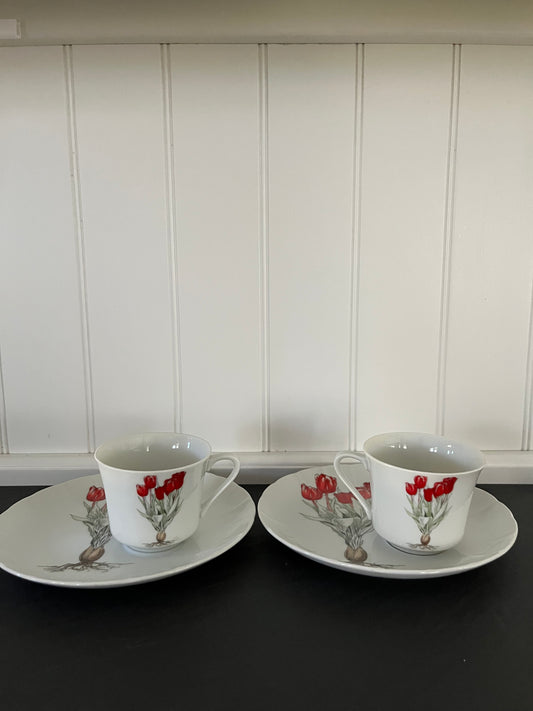 Vintage SEYMOUR MANN Red  Tulip Teacup & Saucer Set — Botanical Floral Porcelain Coffee Cups — Cottagecore Tea Party Decor — Set of 2 Cups & 2 Plates