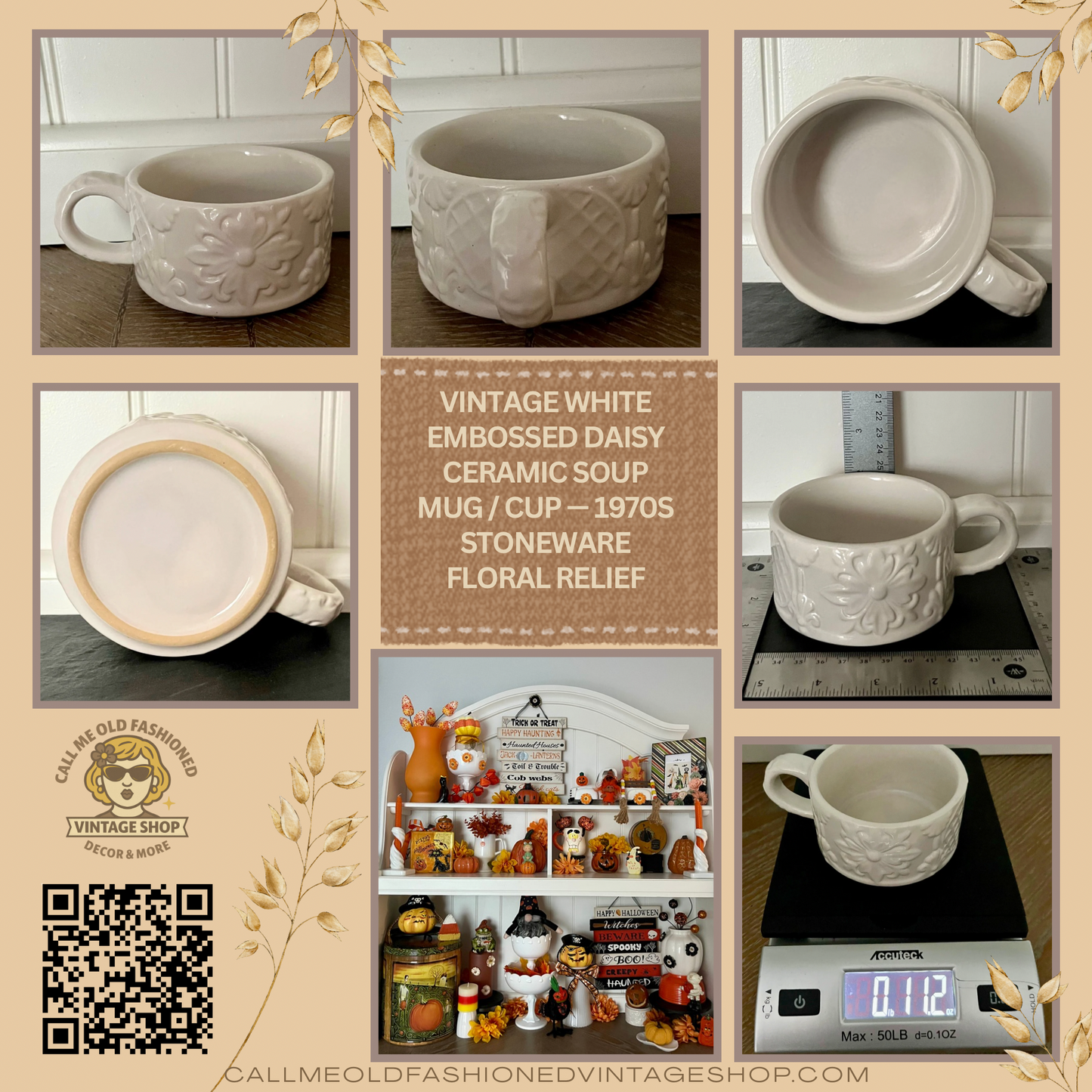 Vintage White Embossed Daisy Ceramic Soup Mug / Cup — 1970s Stoneware Floral Relief