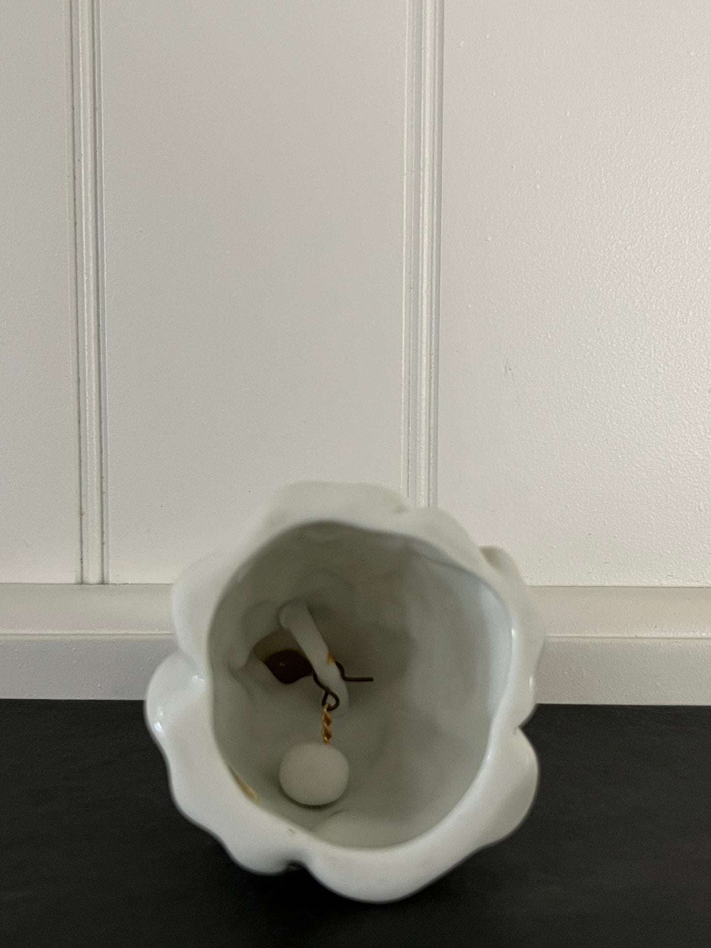 Vintage 1983 Avon “Good Luck Bell” – Leprechaun Pixie Elf– White Tulip Blossom shaped Porcelain Bell