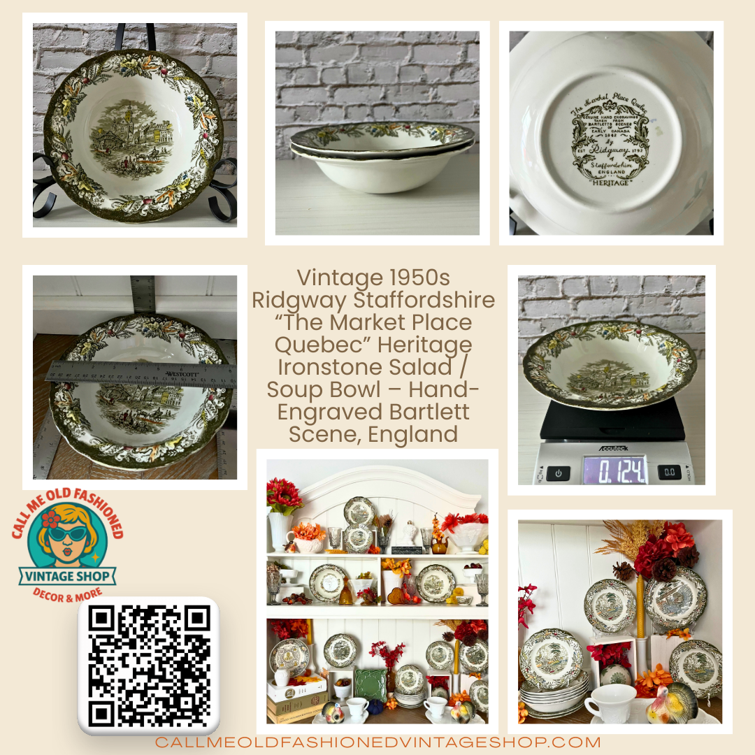 Vintage 1950s Ridgway Staffordshire “The Market Place Quebec” Heritage Ironstone Serving Bowl – Hand-Engraved Bartlett Scene, England