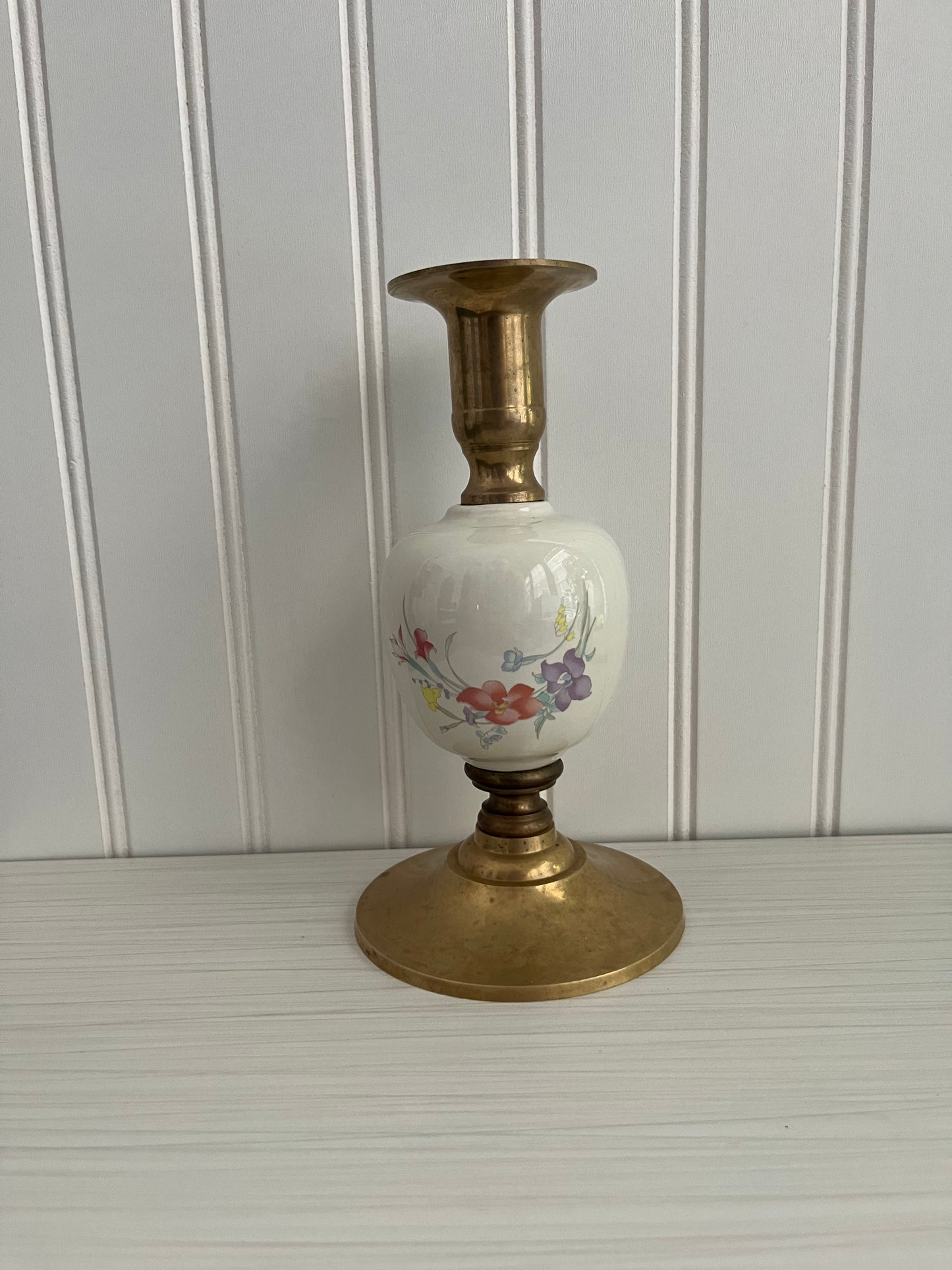 Vintage c.1980s Brass & Porcelain Floral Candlestick Holder | Cottagecore Taper Candle Decor