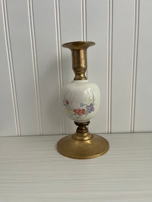 Vintage c.1980s Brass & Porcelain Floral Candlestick Holder | Cottagecore Taper Candle Decor
