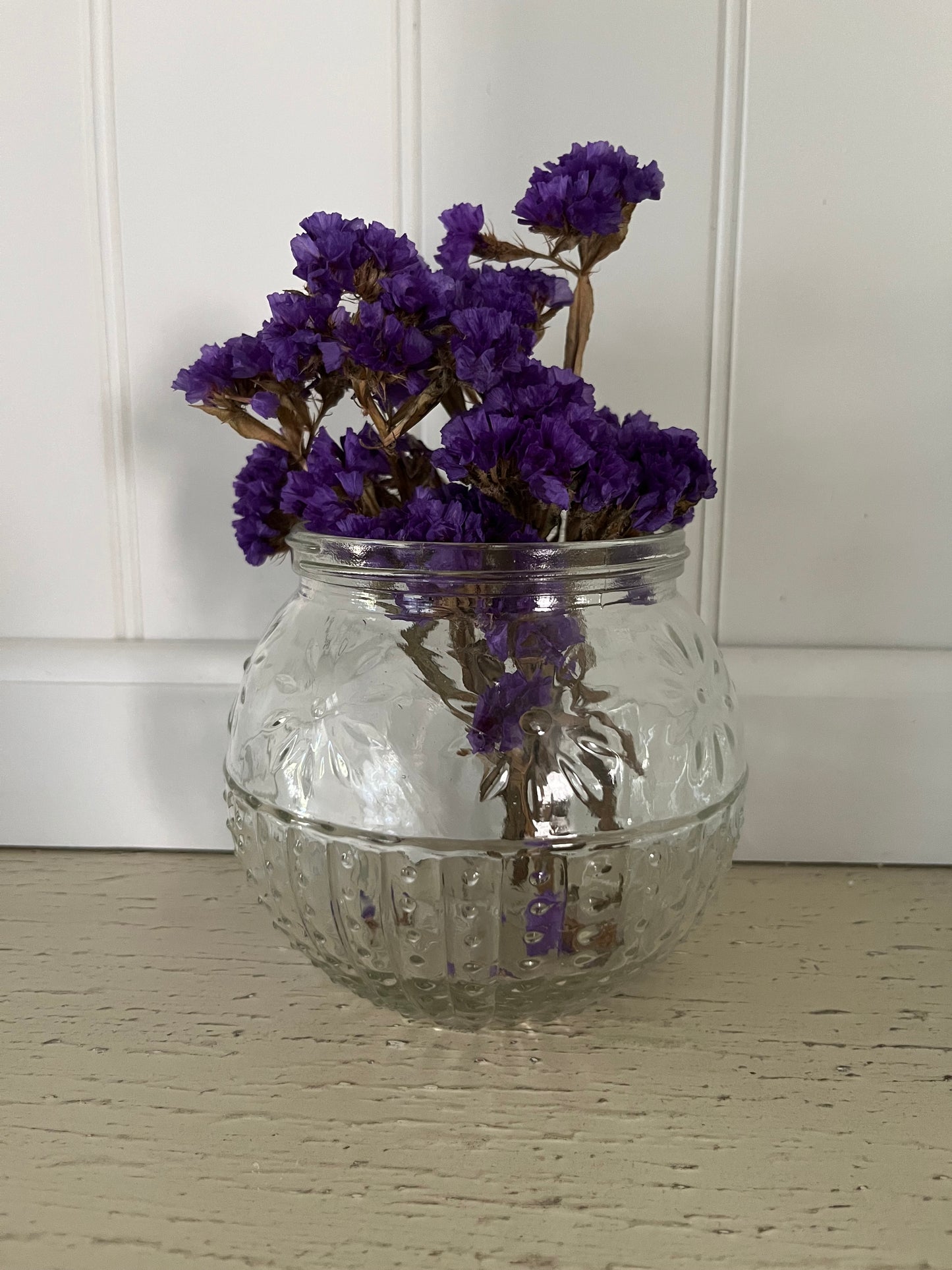 Mid-Century Hobnail Pressed Glass Rose Bowl,Jar with Metal Flower Frog Lid – Daisy Relief Design | c. 2003