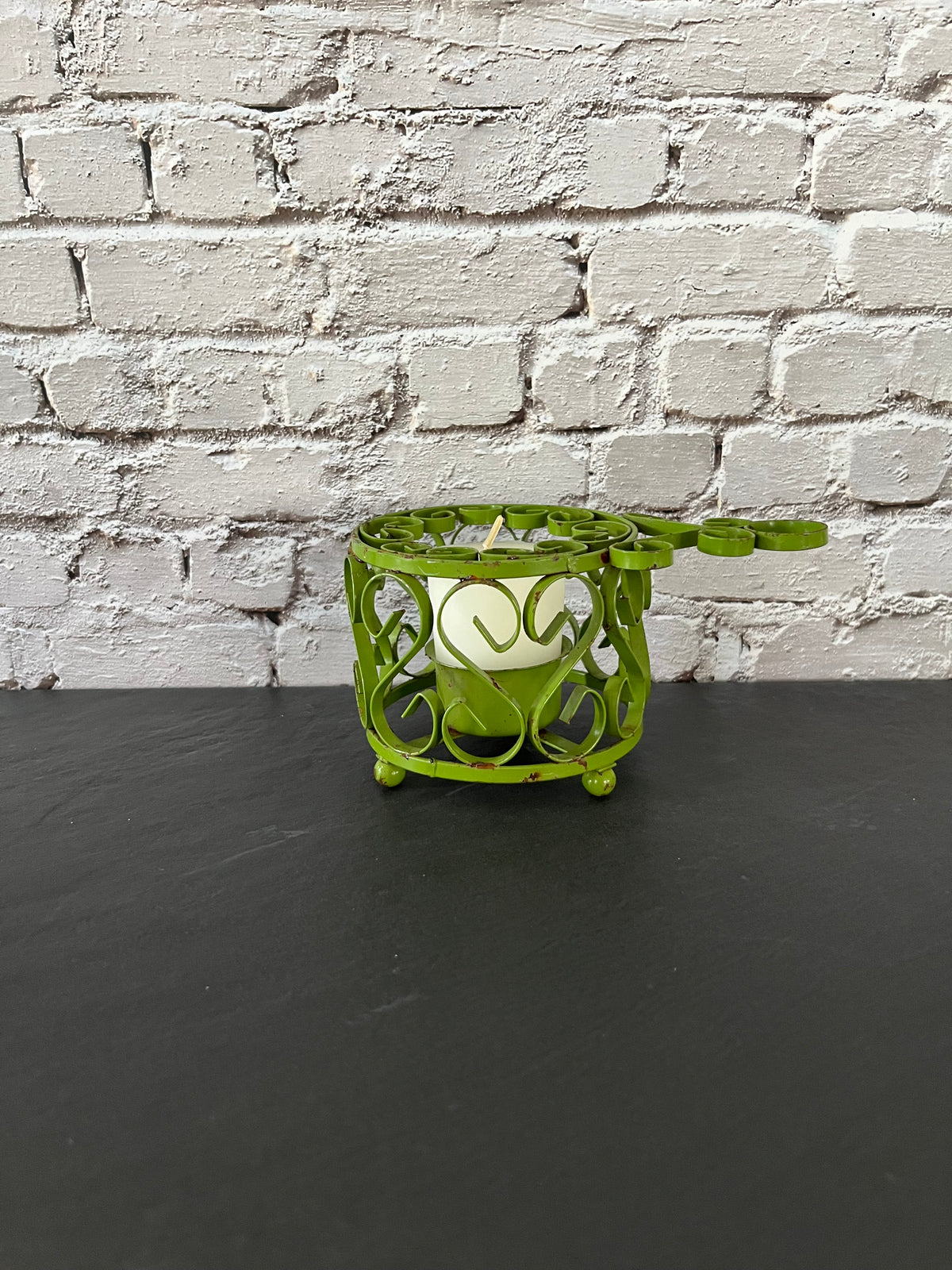 Vintage c1970s Green Metal Scrollwork Votive Candle Holder | Clover Cottage Collection