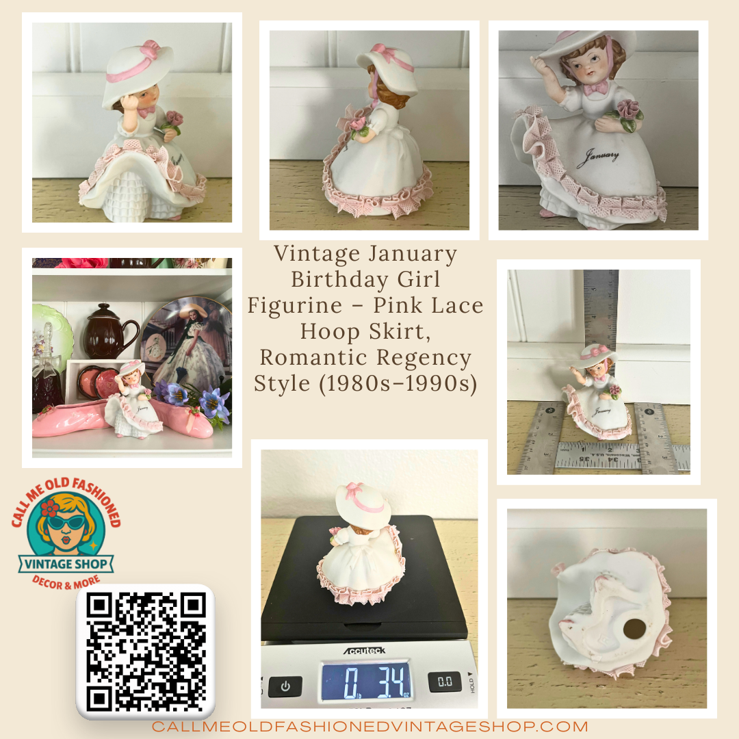 Vintage January Birthday Girl Figurine – Pink Lace Hoop Skirt, Romantic Regency Style (1980s–1990s)