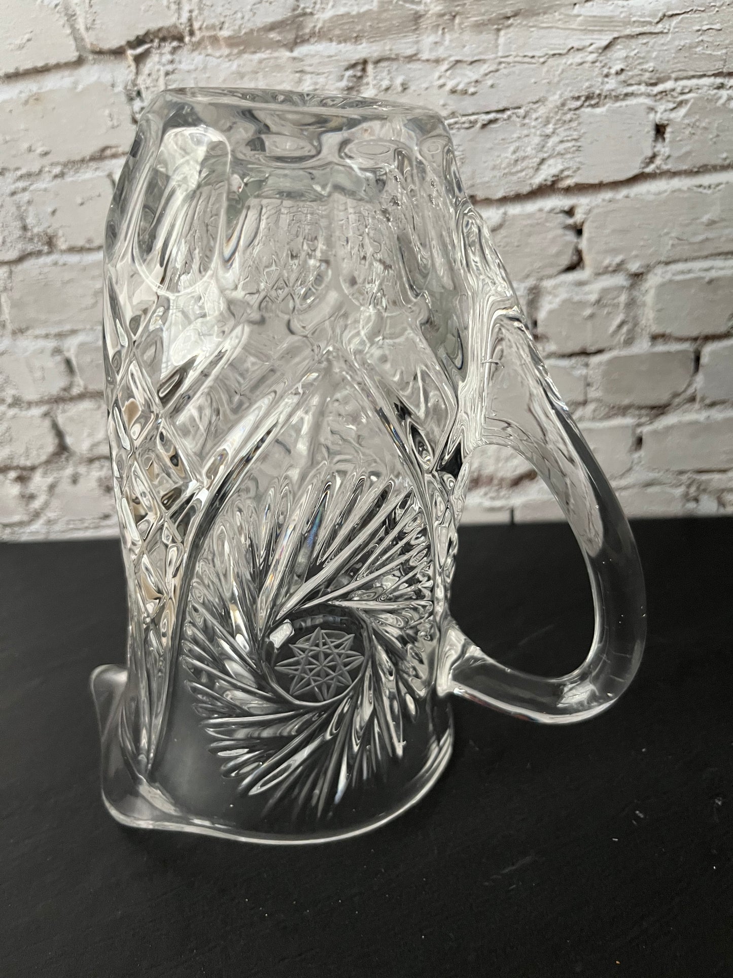 Vintage Cut Crystal Pitcher – Pinwheel Hobstar Brunswick Pattern – 8” Clear Crystal Water or Juice Pitcher – Mid Century Glassware