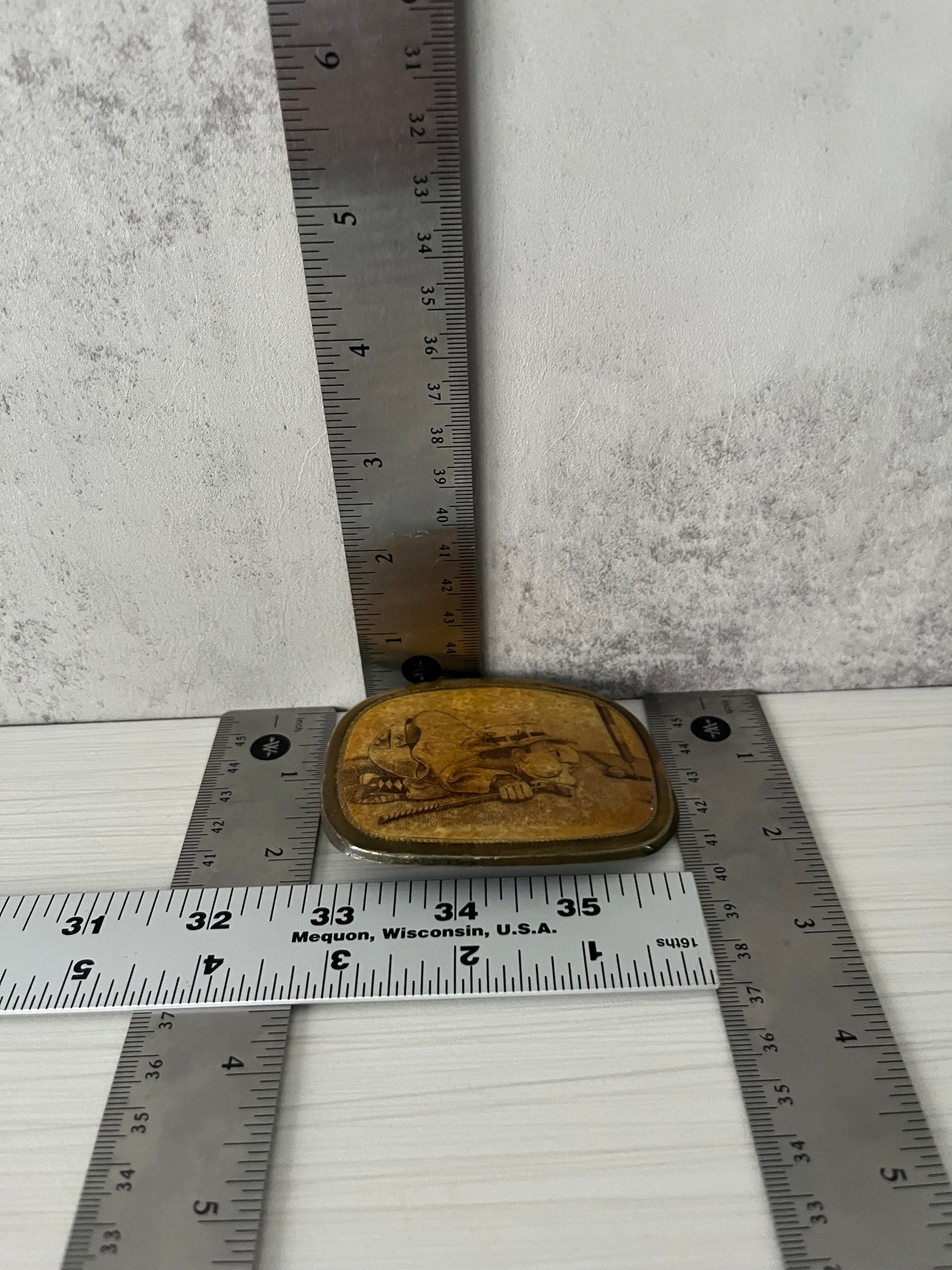 Vintage 1970s Fisherman Golfer Novelty Belt Buckle – Scrimshaw Style Fishing Humor Buckle – Retro Sportsman Collectible