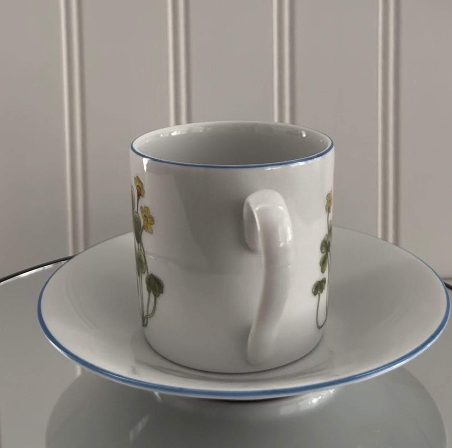 Vintage c.1980s  Porsgrund porcelain demitasse Tea cup and saucer from the Mountain Flower series Yellow Oxalis Shamrock Wood Sorrel Flora