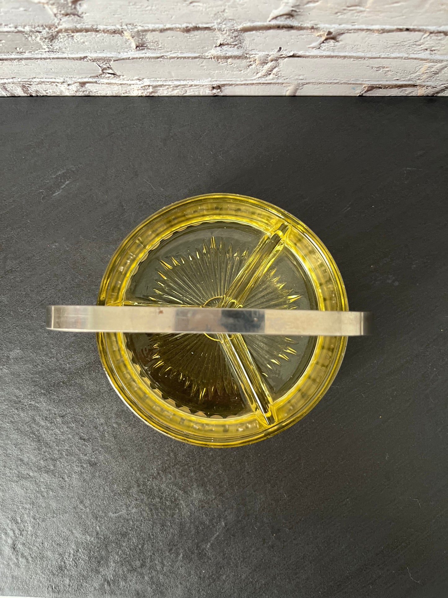 Vintage Yellow Depression Glass Divided Candy Dish with Silver Tone Basket Handle – 3 Section Relish Tray (1950s–1960s)