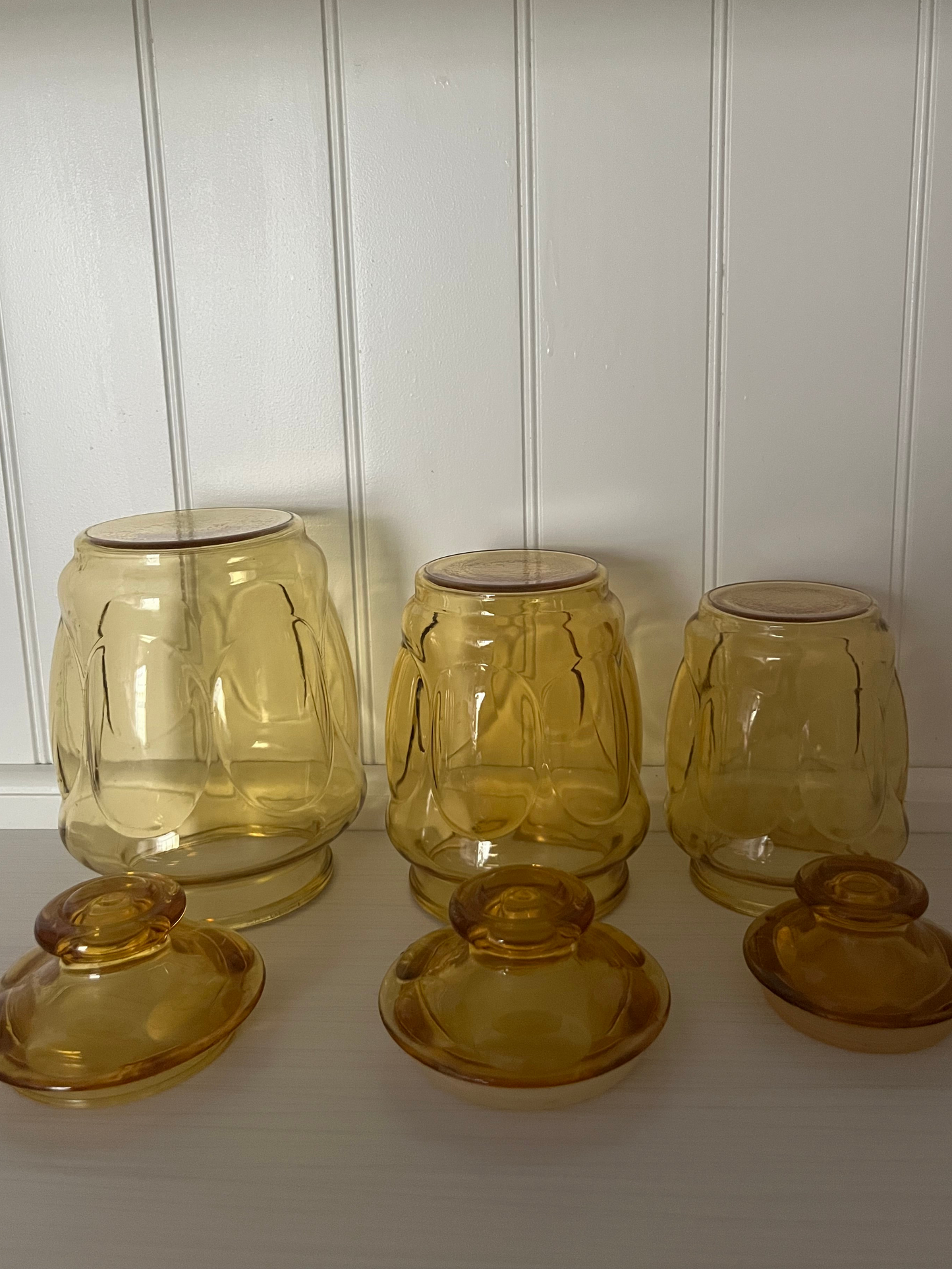 Vintage Amber Glass Apothecary Canister Set (3) L.E. Smith honey amber bubble glass | 1960s–1970s