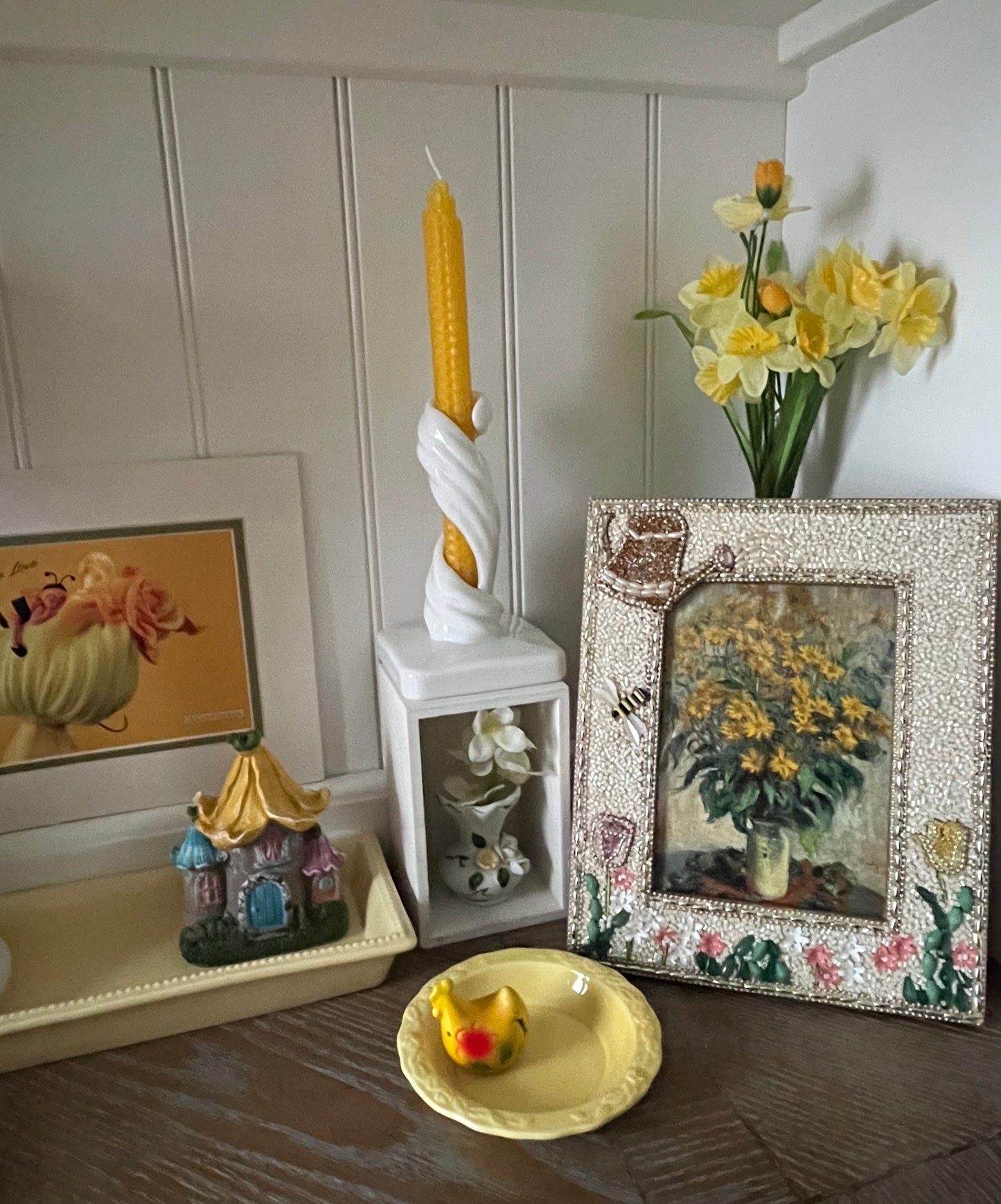 Vintage Yellow Ceramic Trinket Dish Embossed Rim Cottage Farmhouse Ring Dish 1960s