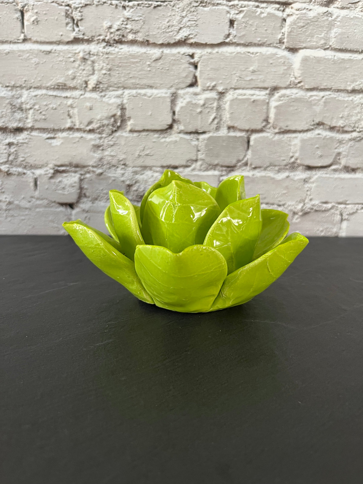Vintage Style Chartreuse Lime Green Ceramic Lotus Flower Tealight Holder | Sculptural Botanical