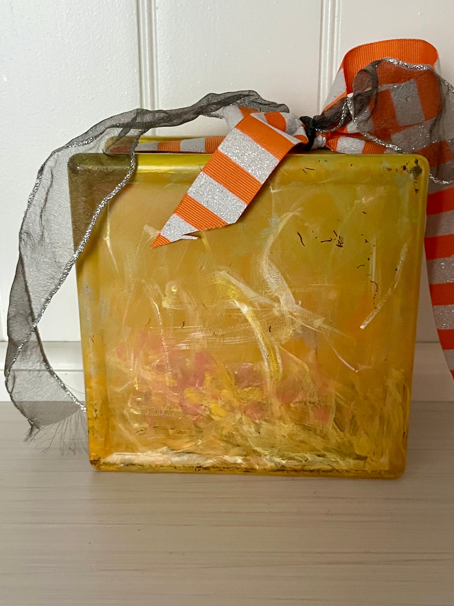 Hand-Painted “Happy Halloween” Glass Block Décor with Cat, Moon & Pumpkin | Contemporary Folk Art Holiday Accent | c. 2000s