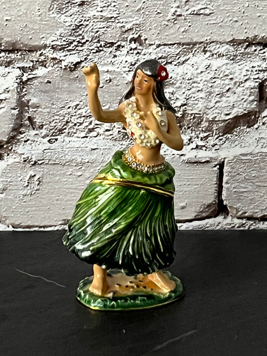 Vintage 1990s Rhinestone Hawaiian Hula Dancer Trinket Box – Miniature Tropical Keepsake Figurine – 2.5” Tall